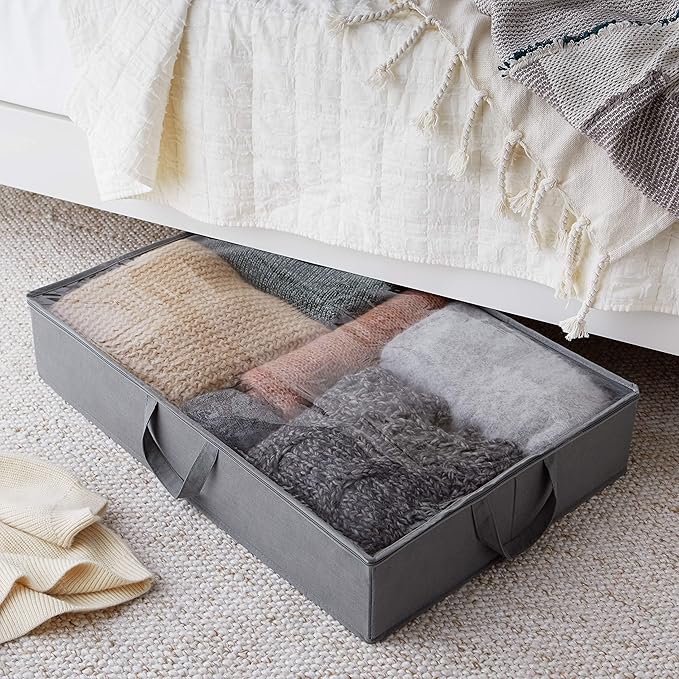 Amazon Basics Under Bed Fabric Zipper Blanket Storage Container Bags with Window and Handles, 2-Pack, 18 x 42 x 6 inches, Gray