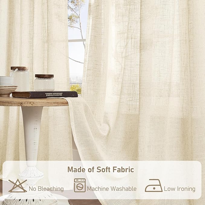 LAMIT Beige Linen Curtains for Windows 2 Panels Set, 48 Inch Linen Textured Light Filtering Drapes Bronze Grommet Boho Panels for Farmhouse/RV Camper/Loft, 34 x 48 Inch