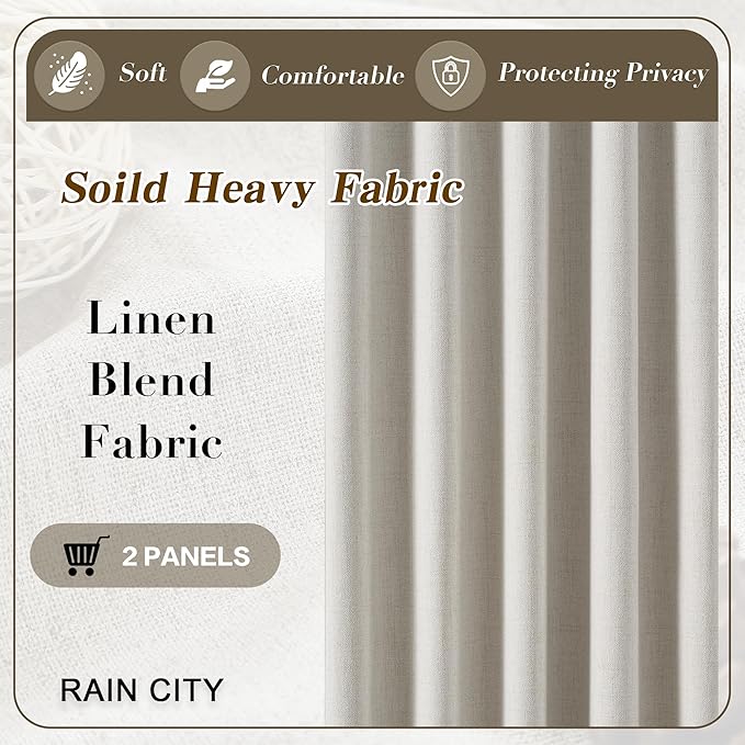 RAIN CITY Natural Birch Linen Blend Blackout Curtains 108 Inch Long 2 Panels Set, Back Tab Track Curtain for Living Room Floor to Ceiling Length 9 FT Extra Long Light Blocking Pleated Window Drapes