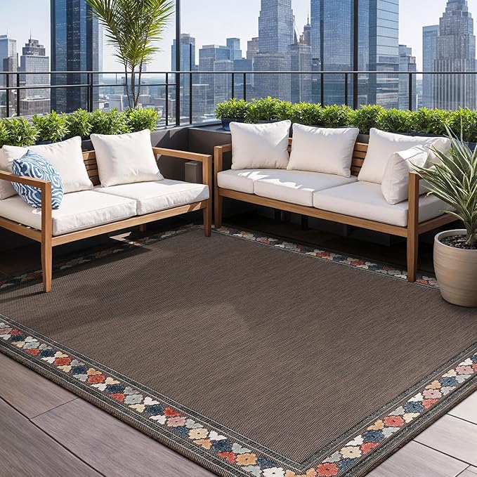 Beverly Rug Outdoor Rug 8x10 Modern Bordered Area Rugs for Indoor and Outdoor Patio Easy to Clean Non Shedding Living Room Porch Garden Washable Outside Carpet (8 x 10 Brown)