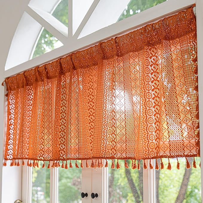 Sutuo Home Terracotta Boho Valance Short Curtains Crochet Lace Sheer Bohemian Hollow Knitted with Tassels, Privacy Vintage Rustic Farmhouse Drapes for Kitchen, Rod Pocket 1 Panel 59" W x 36" L, Orange