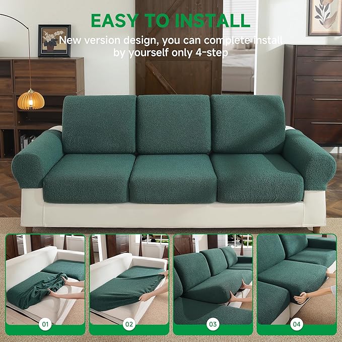 Couch Cushion Covers for Sectional Sofa, Stretch Soft Sofa Slipcovers Washable Wear-Resistant Universal Furniture Protector for Living Room(3 Seaters Covers, Green)