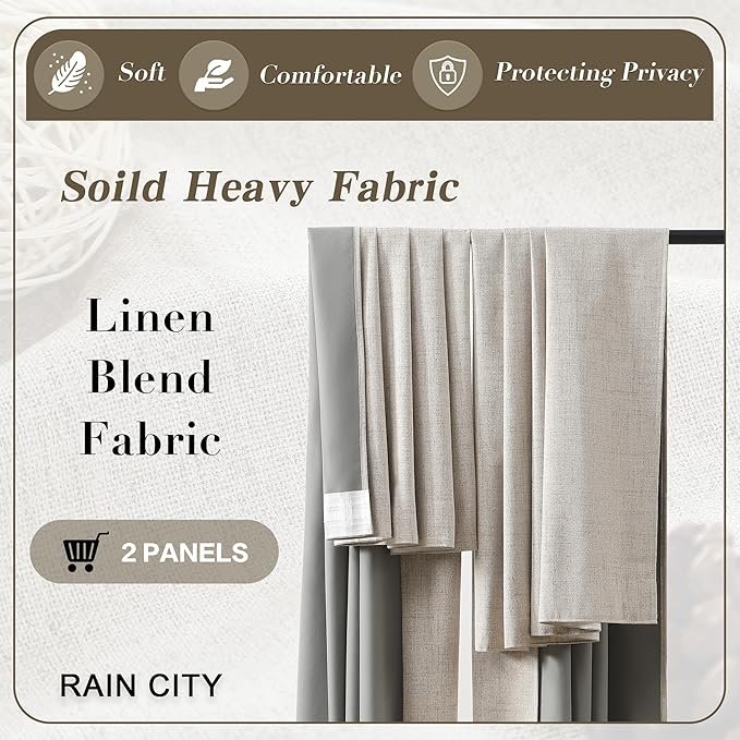 RAIN CITY Linen Blackout Curtains 120 Inches Long 2 Panels,Thermal Rustic Country Curtains for Living Room Large Window Back Tab Pleated Heading Tape with Hooks, Beige 50x120-in,10FT Tall