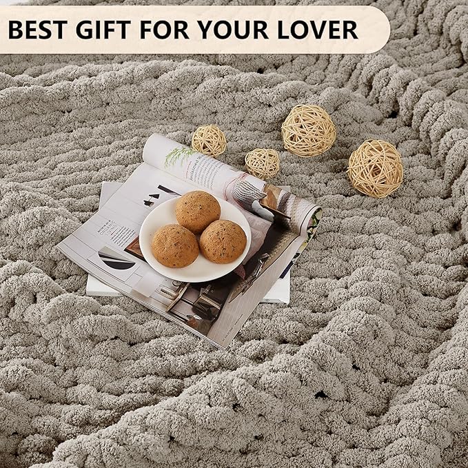 L'AGRATY Chunky Knit Blanket Throw: 72''x84'' Chenille Chunky Knitted Throw Blankets for Bed Couch - Handmade Thick Big Cable Knit Blanket - Large Crochet Rope Blankets for Home Decor(Light Linen)