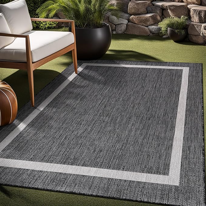 Bordered Outdoor Rug 8x10 Washable Outside Carpet for Indoor Patio Porch Waterproof Easy Cleaning Non Shedding Area Rugs Gray 8 x 10