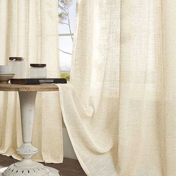 LAMIT Linen Curtains 63 inch Long for Living Room, Linen Light Filtering Boho Semi Sheer Window Textured Modern Drapes with Bronze Grommet for Bedroom, 2 Panels Set, 60 x 63 Inch, Beige