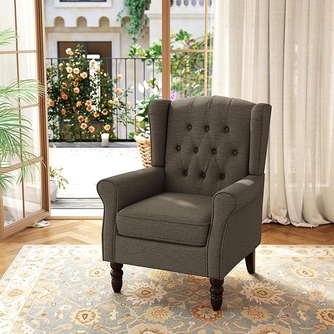 Accent Chair, Upholstered Armchair with Button Tufted High Back & Solid Wood Legs, Comfy Wingback Reading Single Sofa Chair for Small Spaces, Living Room, Bedroom (Taupe, Set of 1)