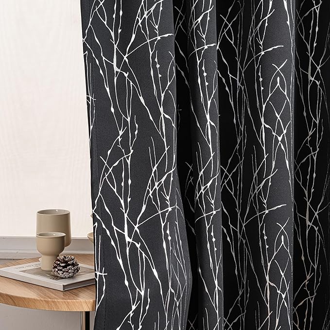 Grommets Blackout Long Window Curtains Black Silver-52W*95L 2PCS Drapes for Bedroom