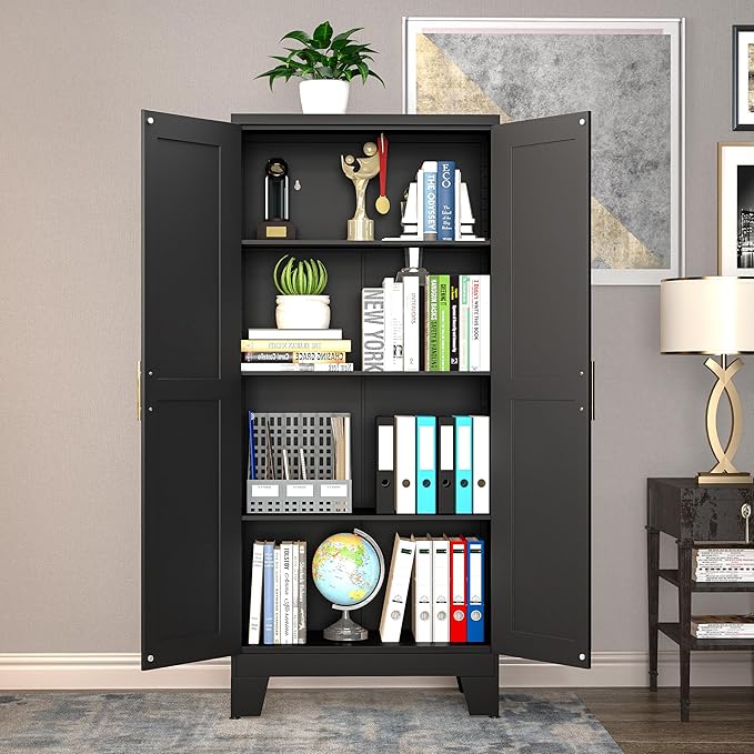 61.02" Kitchen Pantry Cabinet, Pantry Storage Cabinet with 2 Doors and Adjustable Shelves, Black Food Storage for Kitchen, Living Room, Bedroom and Dining Room (Black) Metal Sideboard