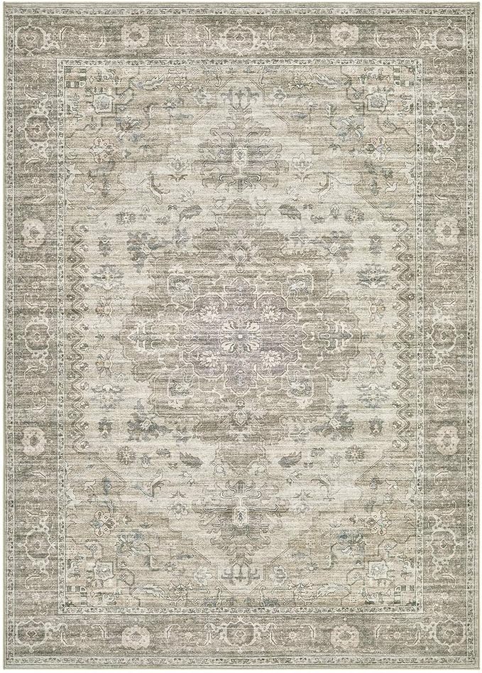 Washable Area Rugs for Living Room -10x12 Neutral Vintage Distressed Floral Farmhouse Boho Large Soft Floor Rug Indoor Non Slip Carpet for Living Room Bedroom Dining Room Office -Brown/Tan