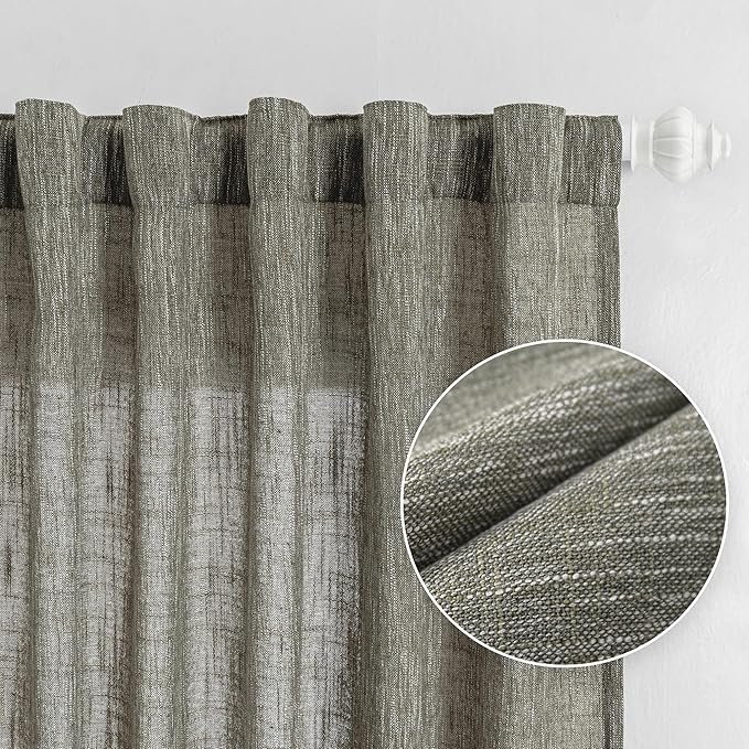 MYSKY HOME Living Room Curtains 84 Inches Long Semi Sheer Light Filtering Privacy Drapes Linen Look Textured Boho Home Decor, Backdrop Curtain for Parties, 50" x 84", Olive Green, 2 Panels