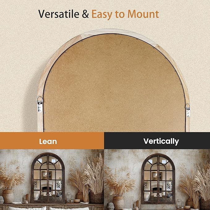 Arched Wall Mirror with Window Design, 38"x26" Rustic Farmhouse Wood Mirror for Wall Decor, Decorative Vintage Arch Mirror for Living Room, Bedroom, Entryway