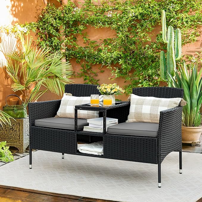 Flamaker Outdoor Furniture Patio Loveseat Wicker 2-Seat with Built-in Table and Cushions Rattan Porch Chairs Bench for Balcony, Lawn, Backyard (Grey)