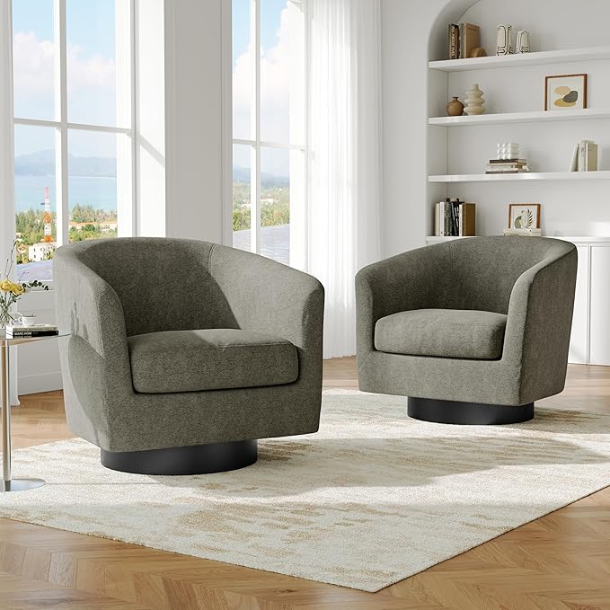 Swivel Barrel Accent Chair, Modern Round Chenille Fabric Arm Chair for Living Room, Bedroom, Comfy Club Reading Chairs for Adults(Chenille Fabric, Tan, Set of 1