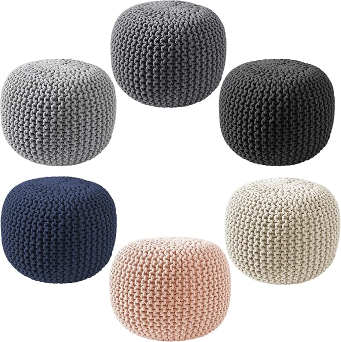 Casafield Round Pouf Ottoman, Natural - 20" Diameter x 14.5" High Cotton Knit Foot Stool - Boho Floor Pouffe for Living Room, Bedroom, Home Office