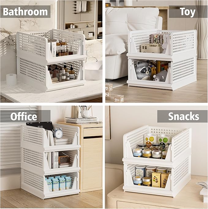 5 Pack Stackable Plastic Storage Basket Closet Organizer Bin Foldable Clothes Organizer Storage Drawer Shelf Container for Living Room Bathroom Kitchen Office (5L)