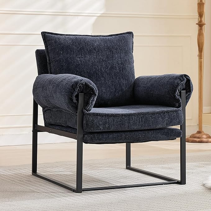 YISHENG Accent Chair with 6-Angle Adjustable Backrest, Chenille Fabric Living Room Chair Upholstered Lounge Chair, Modern Chair Cozy Reclining Chair for Reading Room, 1PC Dark Blue