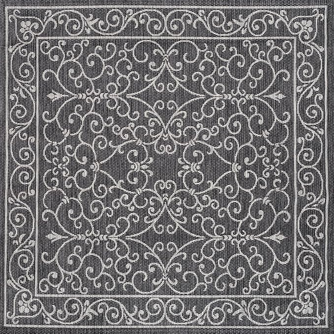 JONATHAN Y Vintage Filigree Indoor Outdoor Square Area Rug 6X6 Black/Gray, Charleston Textured Weave for Backyard, Patio, Porch, Easy-Cleaning, High Traffic, Pet-Friendly, Non-Shedding (SMB106G-6SQ)