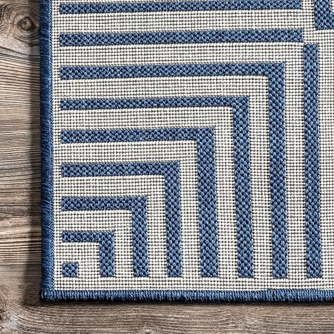 nuLOOM 4' x 6' Outdoor Area Rug, Casual Design With Striped Border, Stain Resistant, Highly Durable, For Patio, Balcony, Bedroom, Living Room, Dining Room, Bathroom, Navy