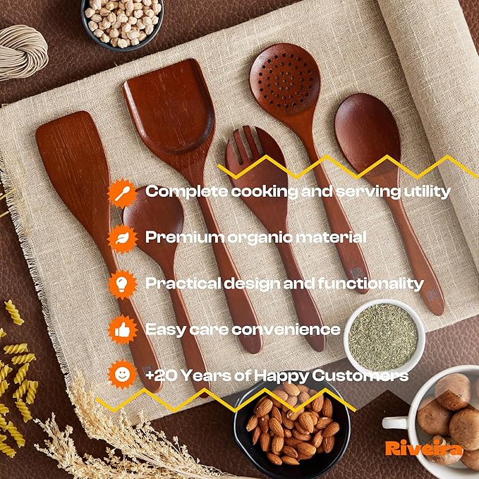 Riveira Set of 6 Premium Brown Bamboo Cooking Utensils - Bamboo Utensils for Cooking - Non-Toxic Kitchen Set - Wooden Kitchen Utensils for Non-Stick Cookware