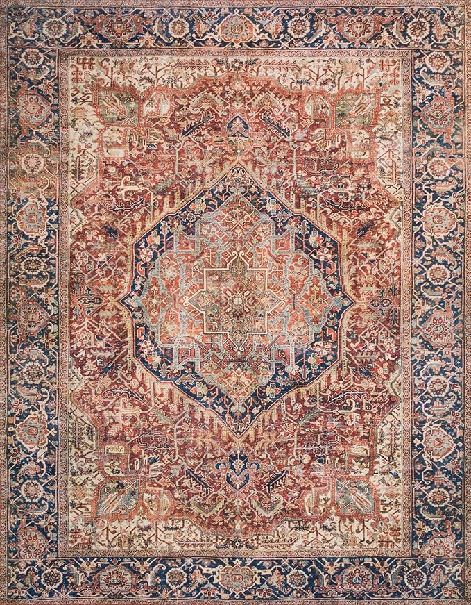 Loloi Layla Collection LAY-08 Red/Navy 2'-0" x 5'-0" .13" Thick Accent Rug, Soft, Durable, Vintage Inspired, Distressed, Low Pile, Non-Shedding, Easy Clean, Printed, Living Room Rug