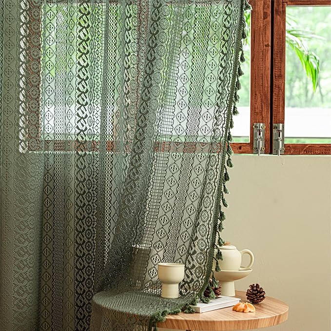 Sutuo Home Olive Green Boho Curtains 84 inches Long for Bedroom Living Room, Crochet Lace Sheer Bohemian Hollow Geometry Knitted Handmade Tassels, Privacy Vintage Farmhouse, 1 Panel 59" W x 84" L