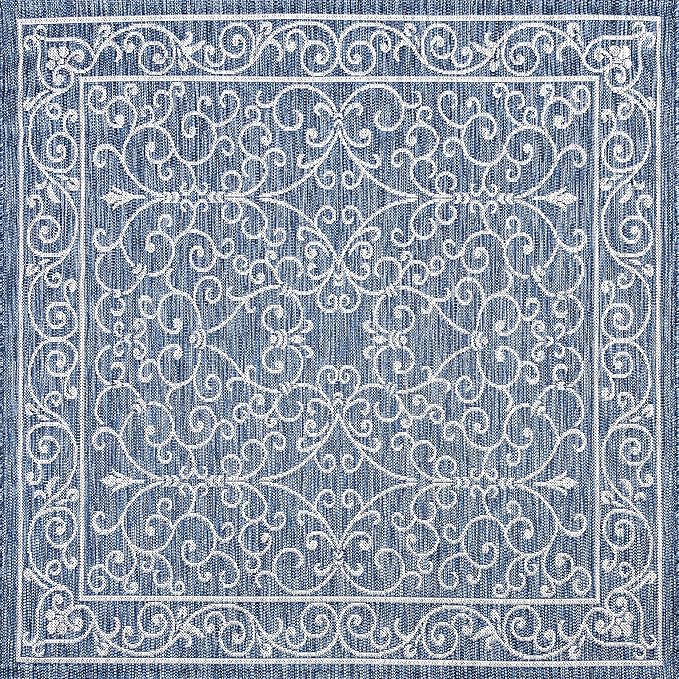 JONATHAN Y Vintage Filigree Indoor Outdoor Square Area Rug 4X4 Navy/Gray, Charleston Textured Weave for Backyard, Patio, Porch, Easy-Cleaning, High Traffic, Pet-Friendly, Non-Shedding (SMB106D-4SQ)