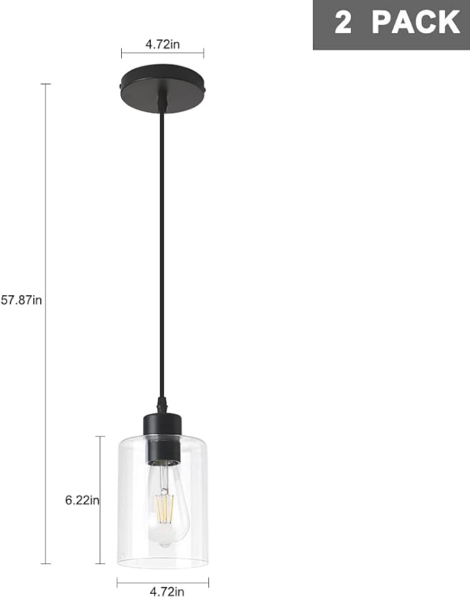 Modern Black Farmhouse Clear Glass Cylinder Pendant Light Fixture,Island Lights for Kitchen,Mini Pendant Lighting for Kitchen Island Decor - 4.75 Inch Shade 58 Inch Cord (Black 2 Pack)
