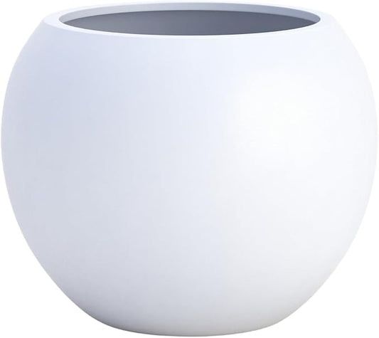 DTY Signature Mount Sherman Lightweight Durable Modern Fiberstone Sphere Planter for Indoor & Outdoor Drainage Hole & Rubber Plug Weather Resistant, 13.5" H x 17" Dia, 12" Opening - Medium, White