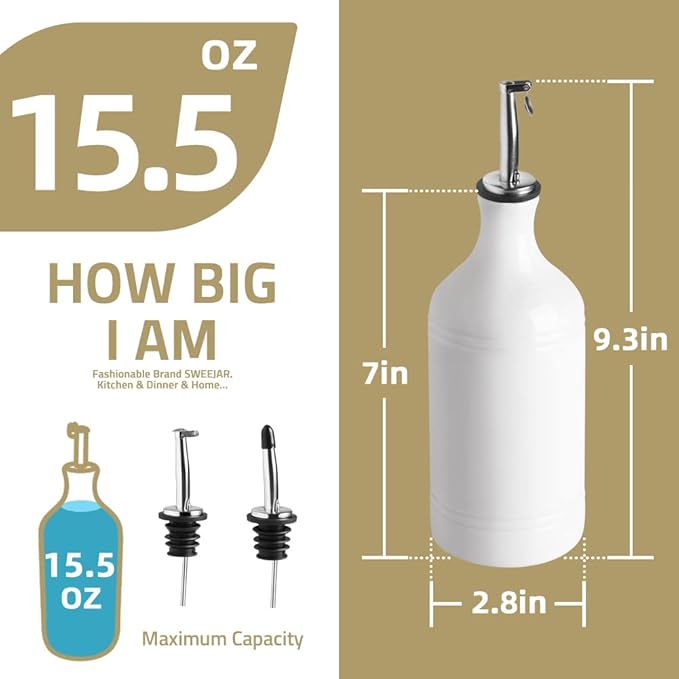 Sweejar Ceramic Olive Oil Dispenser Bottle, Opaque Oil Cruet Protects Oil to Reduce Oxidation, Suitable for Storage Oil, Vinegar, Coffee Syrups & Other Liquids, Pack of 1, 15.5 Fl Oz (White)
