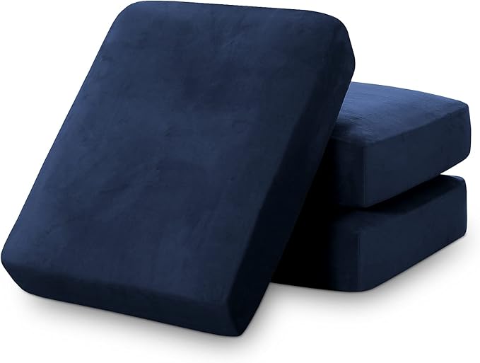 PrinceDeco Couch Cushion Covers, Stretch Washable Sofa Cushion Cover, Fitted Sofa Slipcover Velvet Fabric Non-Slip Furniture Protector for Dog,Pets, Kid (Each Width Up to 29.5", Navy)