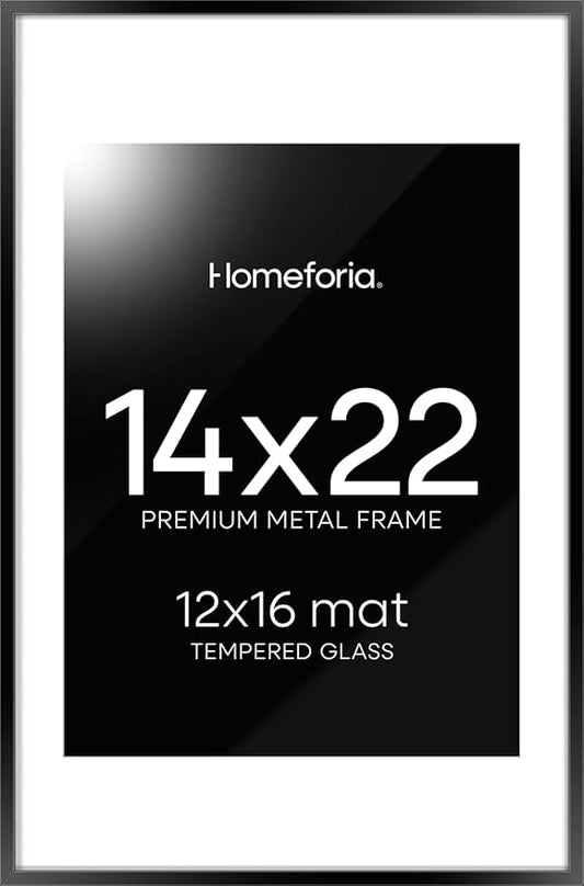 Homeforia 14x22 Picture Frame Black, High End Metal 14 x 22 Poster Frames with Mat 12 x 16 for Photo, 14x22 Black Frame Matted to 12x16 inch Print, 22x14 Thin Frame, Tempered Glass, Wall Kit, Set of 1