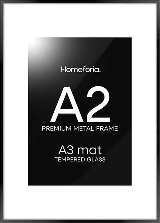 Homeforia A2 Picture Frame Black, High End Metal 16.5 x 23.5 inch Poster Frames with Mat 11.7 x 16.5 for Photo, A2 Size Frames Matted to A3 Print, 16.5 by 23.4 Hanging Frames, Tempered Glass, Set of 1
