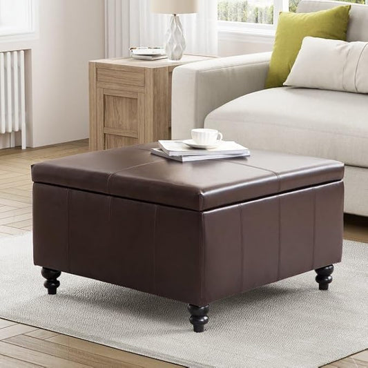 HUIMO Square Leather Storage Ottoman,Ottoman Coffee Table with Storage for Living Room (Brown)