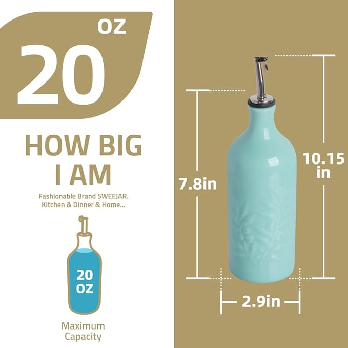 Sweejar Ceramic Olive Oil Dispenser Bottle 20 Oz Relief Opaque Oil Cruet Protects To Reduce Oxidation Suitable for Storage Vinegar, Soy Sauce, Coffee Syrup, Liquids, Set of 1 (White Gold Spout)
