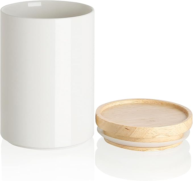 Sweejar Kitchen Canisters Ceramic Food Storage Jar, Stackable Containers with Airtight Seal Wooden Lid for Serving Coffee Bean, Flour, Tea, Cookies and More - 58 Fl Oz (White)
