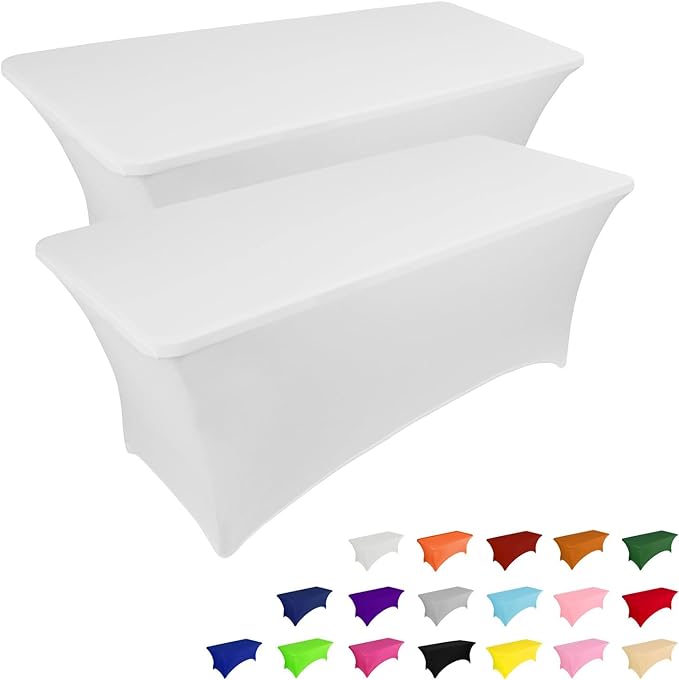 IVAPUPU 2 Pack 4FT Table Cloth for Rectangular Fitted Events Stretch White Table Covers Washable Cover Spandex Spring Tablecloth Protector for Party, Wedding, Cocktail, Banquet, Festival