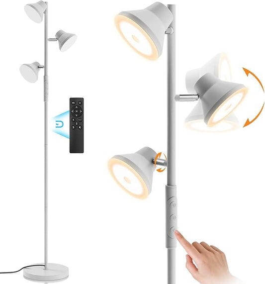 LED Tree Floor Lamp Silver, 36W Super Bright Standing Lamp with Remote Control, 4 Color Temperatures, 3 Rotatable LED Lights, Dimmable Floor Lamps for Living Room, Bedroom, Office