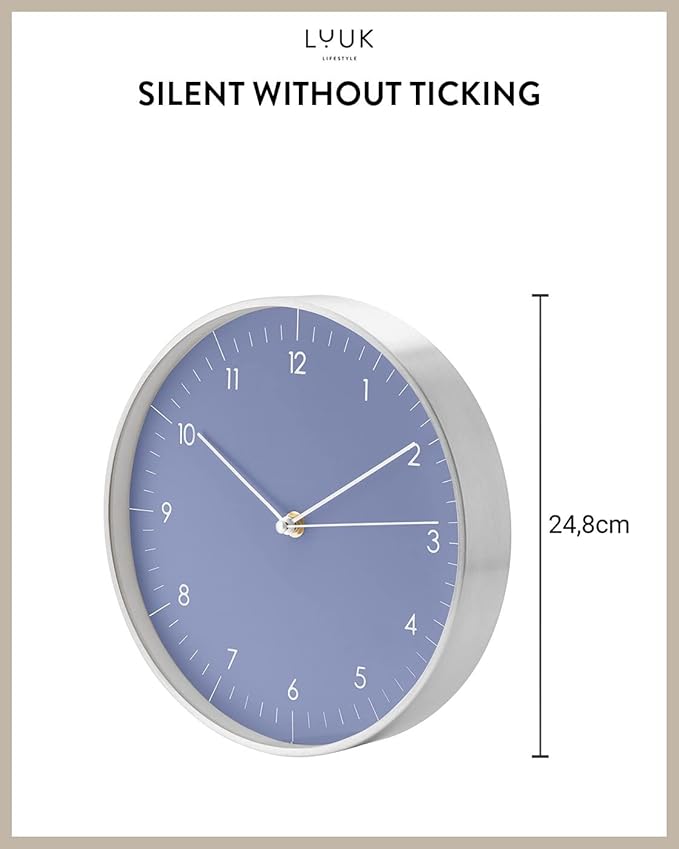 LUUK LIFESTYLE Minimalist Wall Clock with Silent Movement, no Ticking, Modern Design, Kitchen Clock, Decoration and Gift idea, in Blue and Silver
