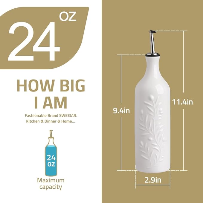 Sweejar Large Olive Oil Dispenser Bottle with Spout, 24 Oz Ceramic Oil Dispenser for Kitchen, Relief Opaque Cruet, Container for Cooking, EVOO, Vinegar, Pack of 1 (Red)