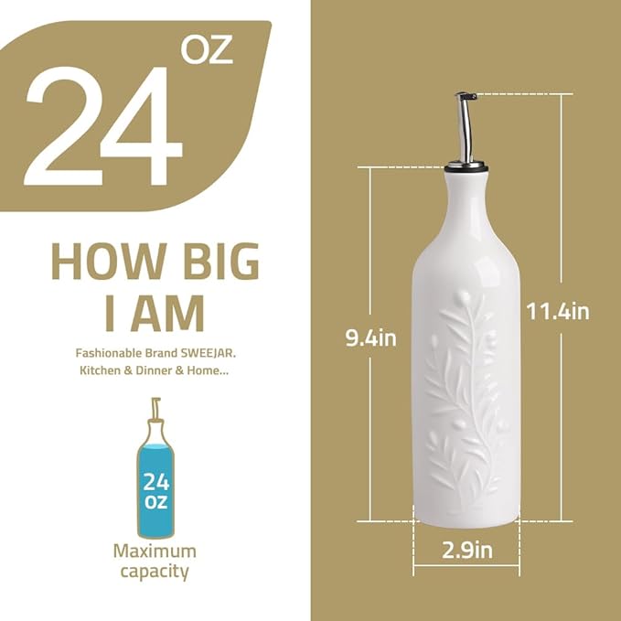 Sweejar Large Olive Oil Dispenser Bottle with Spout, 24 Oz Ceramic Oil Dispenser for Kitchen, Relief Opaque Oil Cruet, Oil Container for Cooking, EVOO, Avocado Oil, Vinegar, Pack of 1(Turquoise)