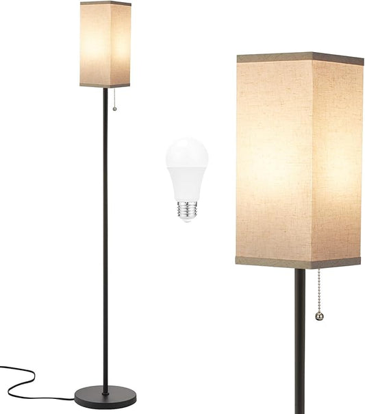 Ambimall Floor Lamp with 3 Color Temperatures Bulb & Pull Chain Switch, 64" Standing lamp, Beige Square Shade & Black Pole