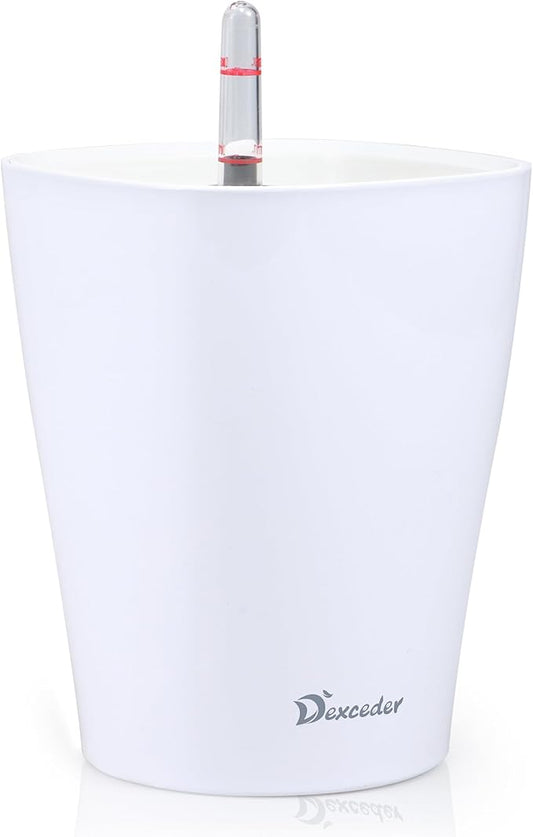 Dexceder 6x7 Self Watering Planter Indoor Outdoor, High Gloss Table Flower Plant Pot with Water Level Indicator (White)