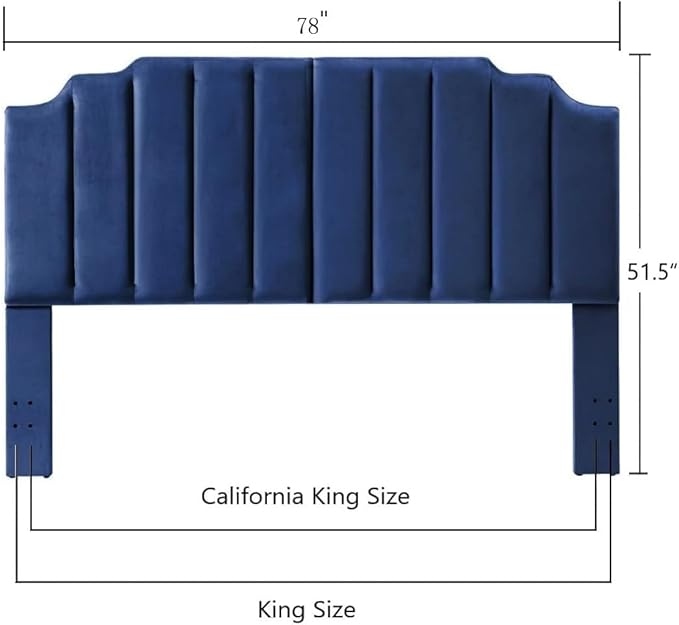 24KF Navy Blue Velvet Tufted King Upholstered Headboard, Modern Vertical Channel Design California King Headboard with Stepped Silhouette Top Edge, Navy Blue