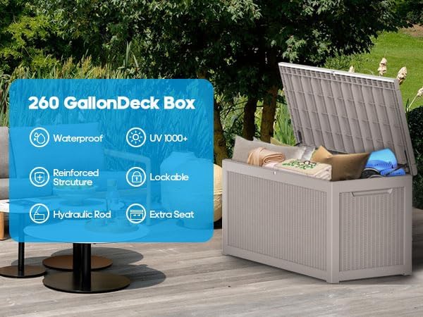 267 Gallon Deck Box Large Outdoor Storage for Patio Furniture,Outdoor Cushions,Garden Tools and Pool Supplies,Waterproof,Resin,Lockable(Grey Rattan)