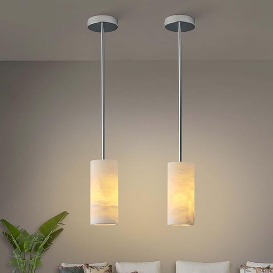Alabaster Pendant Light Kitchen Island, H-9.5in Nickel Pendant Light Fixtures with Natural Marble Shade, Adjustable Ceiling Pendant for Dining Room, Living Room, Bedroom & Bathroom