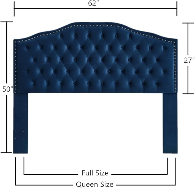 24KF Upholstered Button Tufted Queen Headboard with Nailhead Trim, Soft Velvet Fabric Headboard Queen/Full WM-6031-Q-NAVY