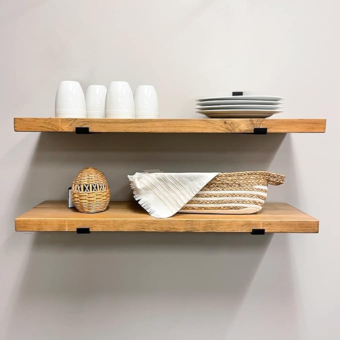 Rustic Shelves with J-Brackets Set of 2, Industrial Shelf, Kitchen Shelves, Solid Wood, Decorative Wall Storage, Heavy Duty, URBANDI (Brown, 36Wx6D)