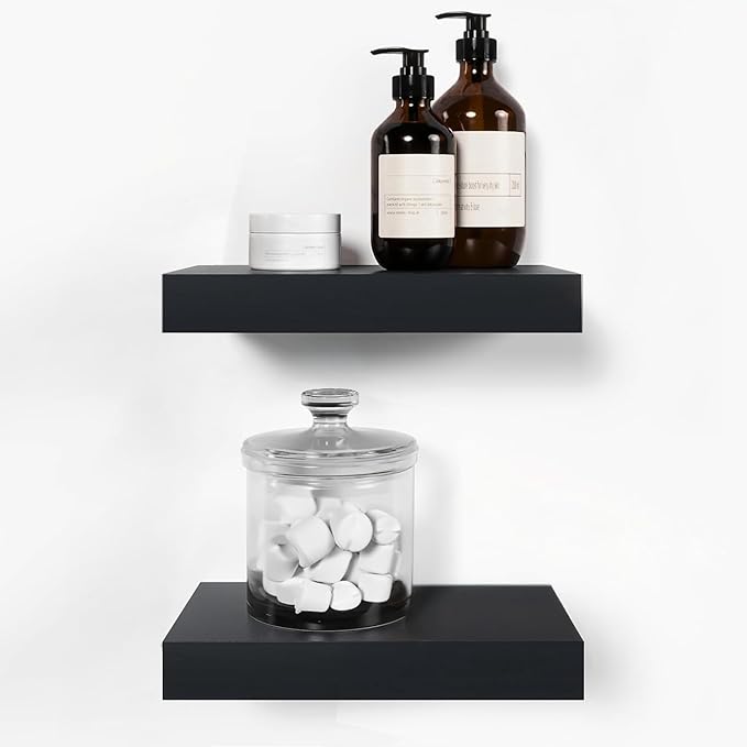 Homeforia Floating Shelf Black 12 inch, High End Solid Real Wood Small 12inch Floating Shelves for Wall Mounted, Black Wooden 12 in Floating Shelves, Heavy Duty Bracket, 12 X 6.5 X 1.75 inch, Set of 4