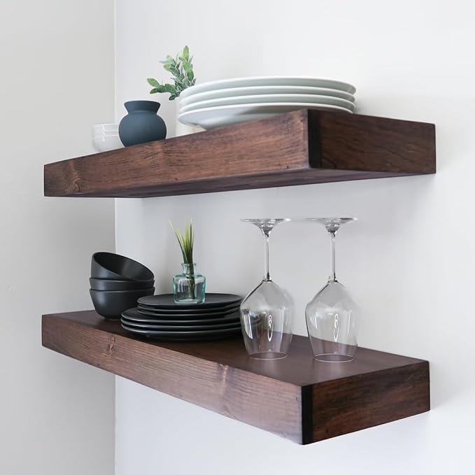Modern Floating Shelves 3 Inches Thick for Wall, Wide Shelves for Kitchen, Living Room, Bedroom, and Bathroom, Natural Pine Wood, Rustic Wooden Shelf, (Set of 2) (Provincial, 48Lx3Hx6D)